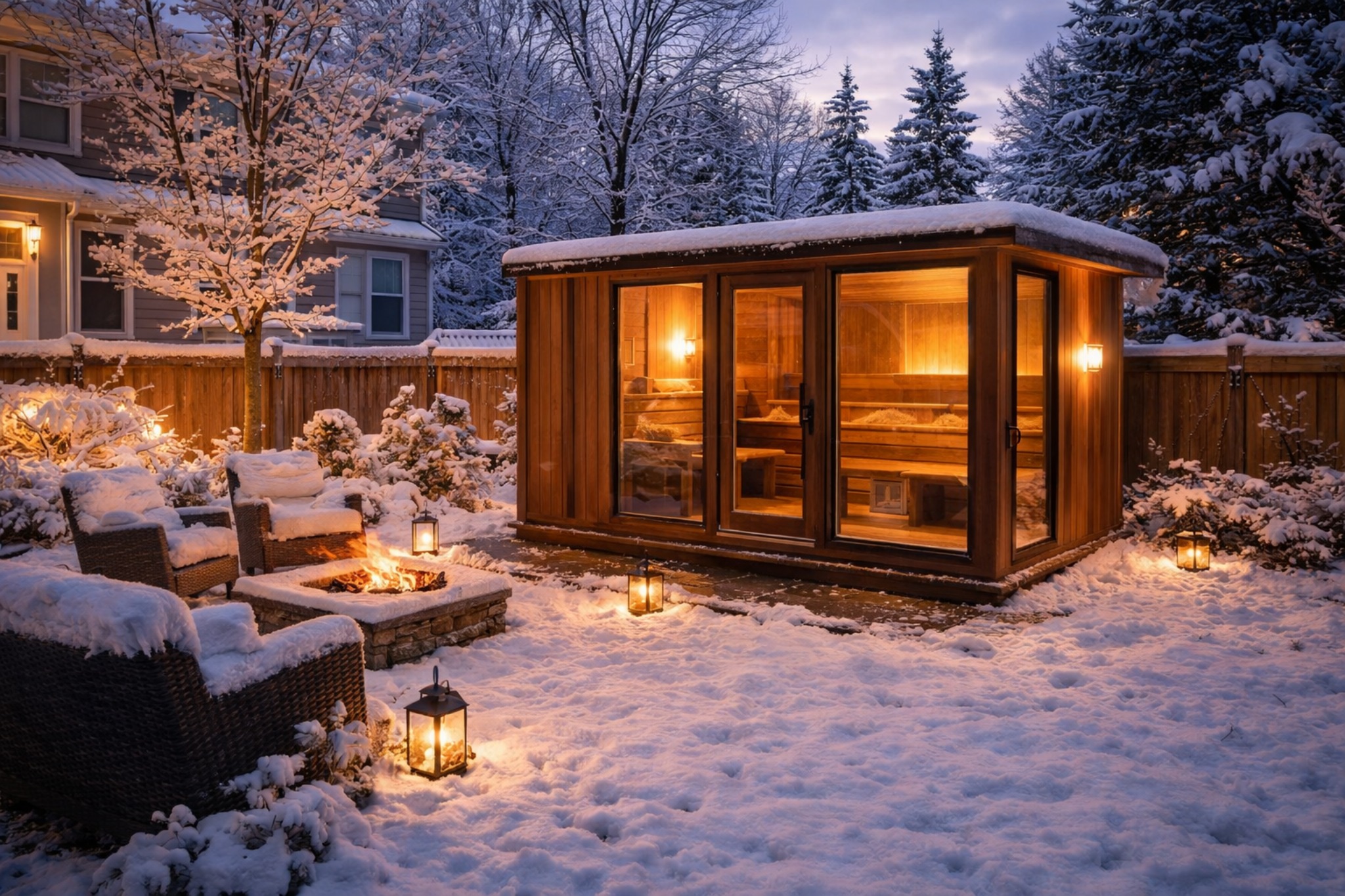 Luxury backyard sauna in a snowy Pennsylvania yard