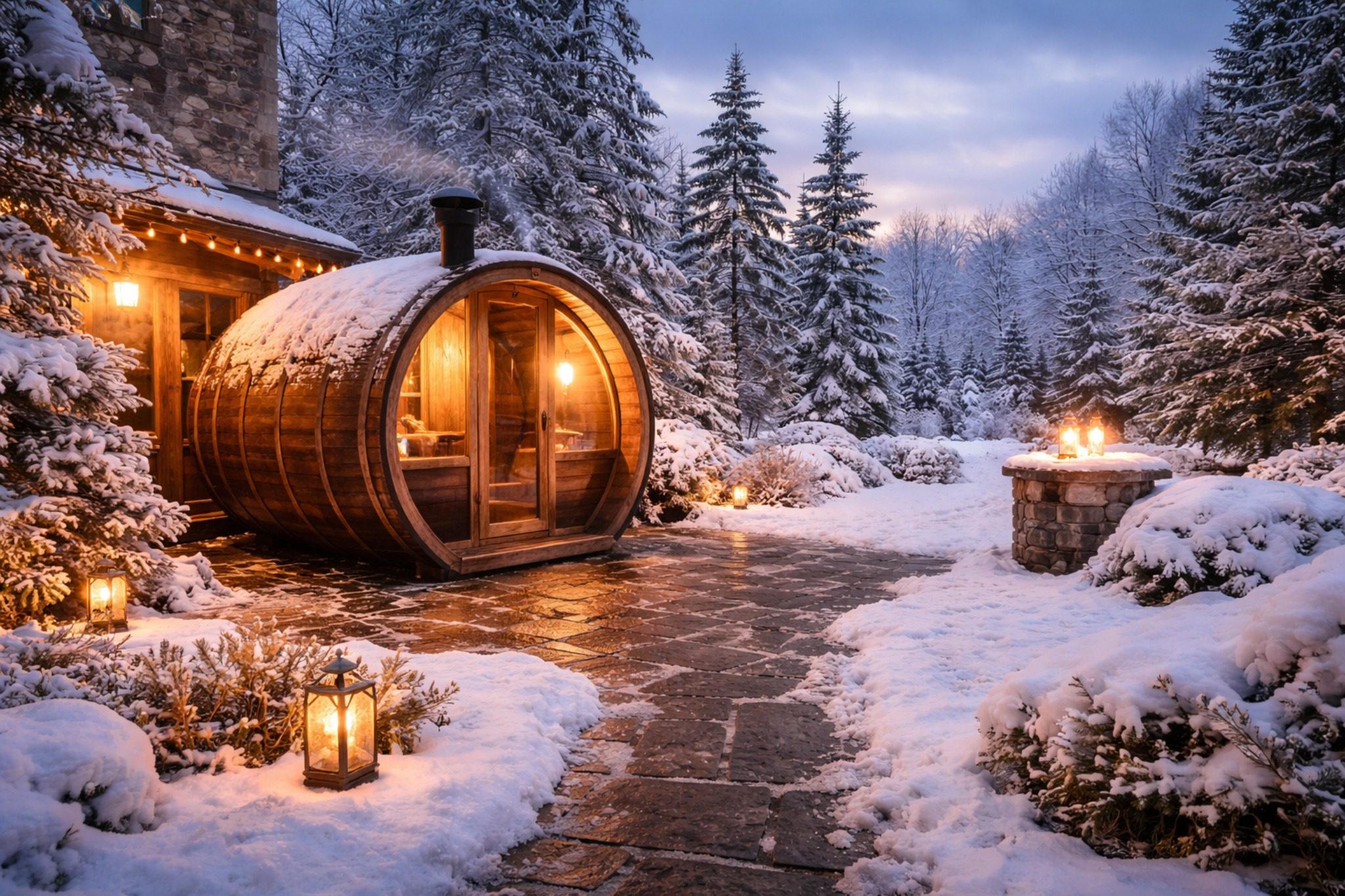 Backyard sauna close-up in winter
