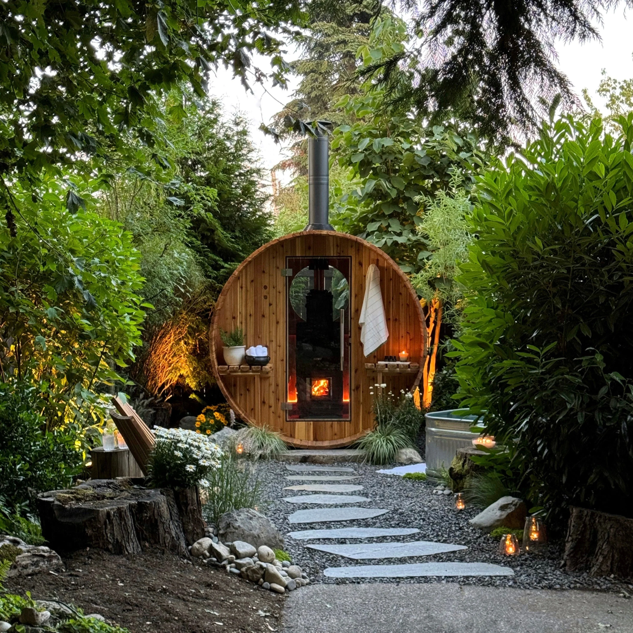 Outdoor sauna in a private garden setting at night