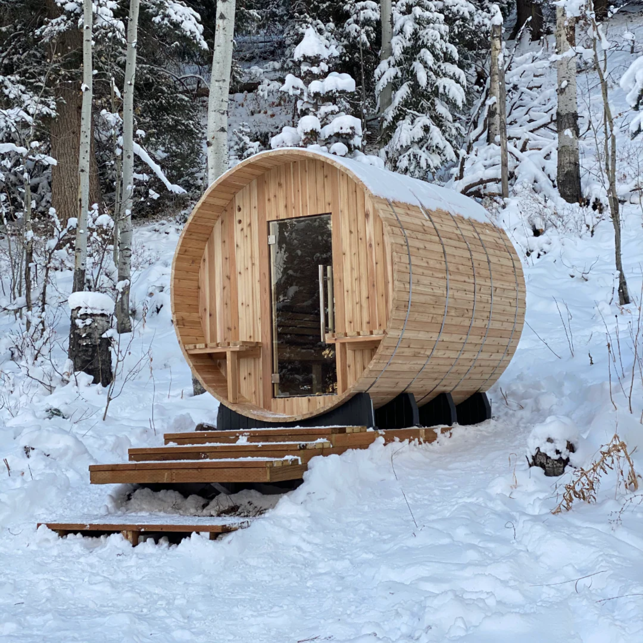 Outdoor sauna in snowy forest setting